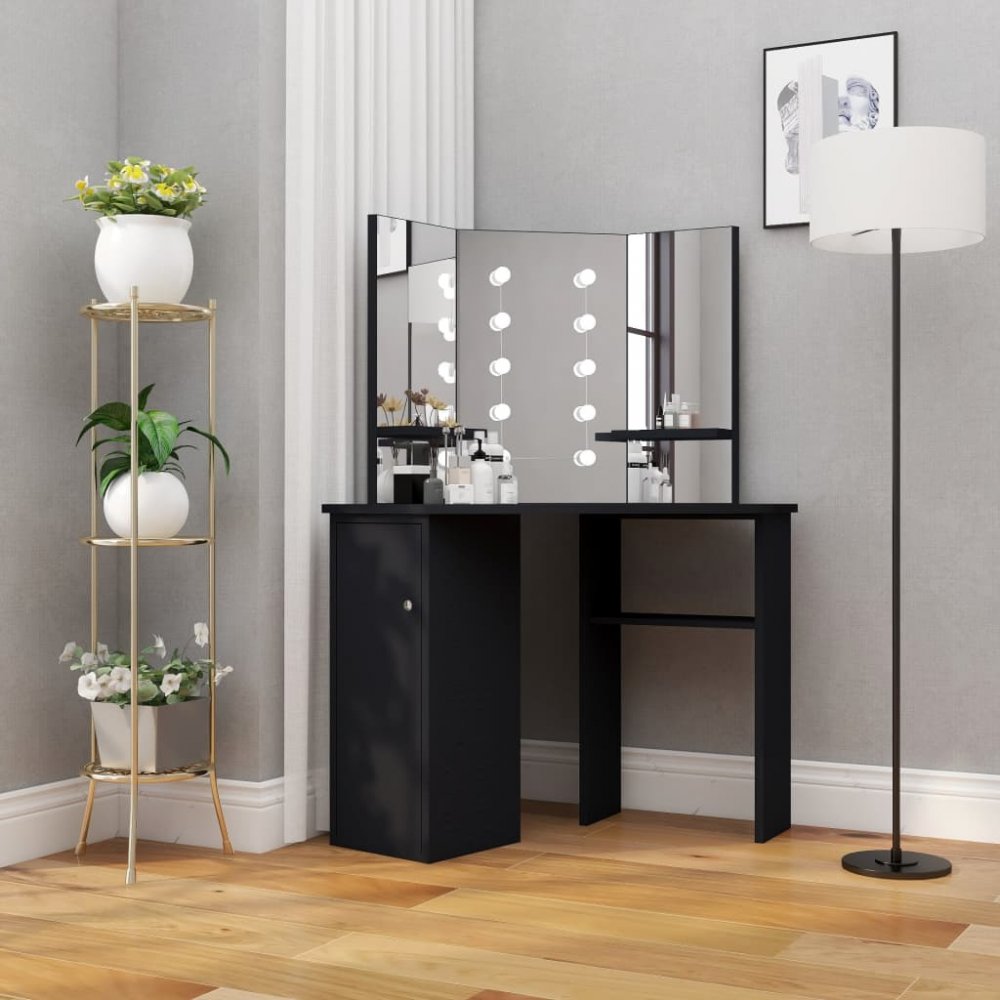 E-shop Rohový toaletný stolík s LED Dekorhome Čierna