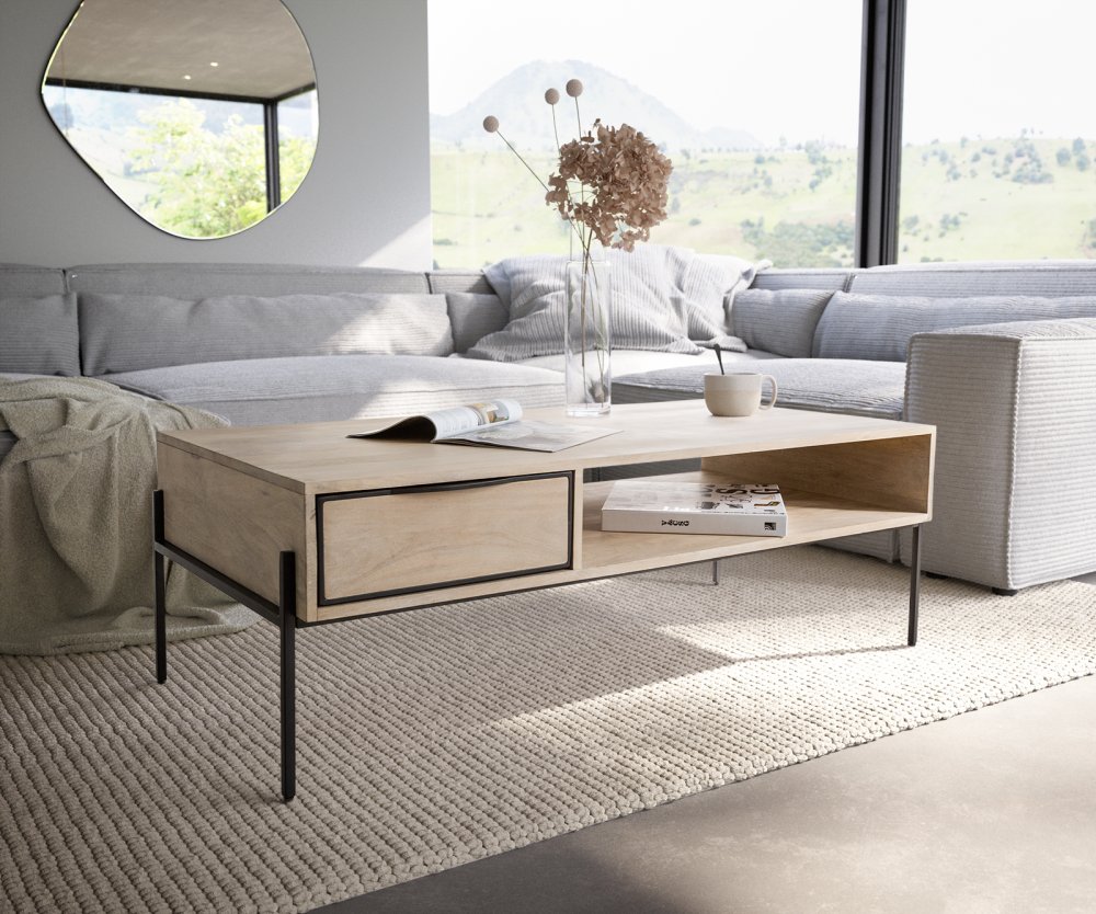 Konferenční stolek Henora 120x60 cm mango bílá 1 zásuvka černý