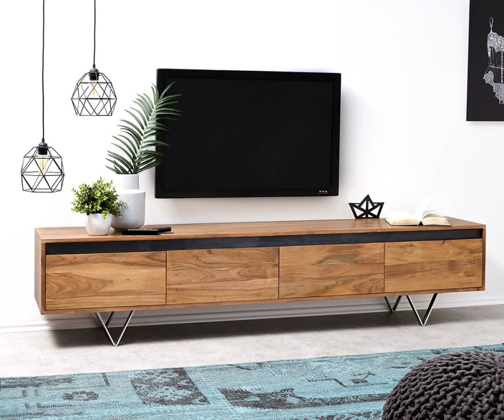 TV stolík Stonegrace 200 cm akácia prírodná bridlica 4 zásuvky