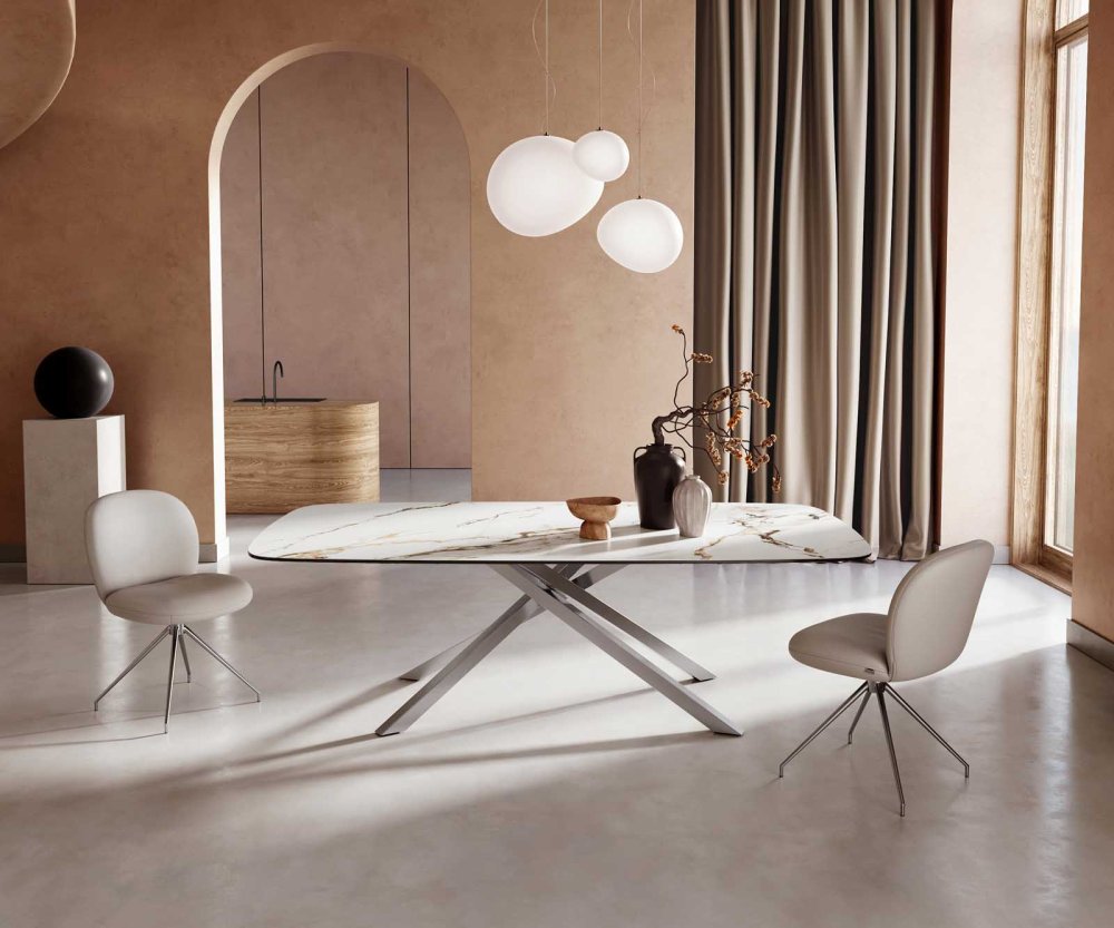 Jedálenský stôl Edge oválny 240x120 keramický Calacatta Luxe bielo