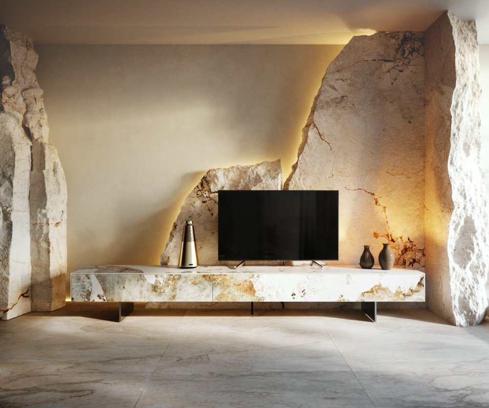 TV stolík Cuor 250 cm keramika Minas Melange bielo-béžová 1 výklopné