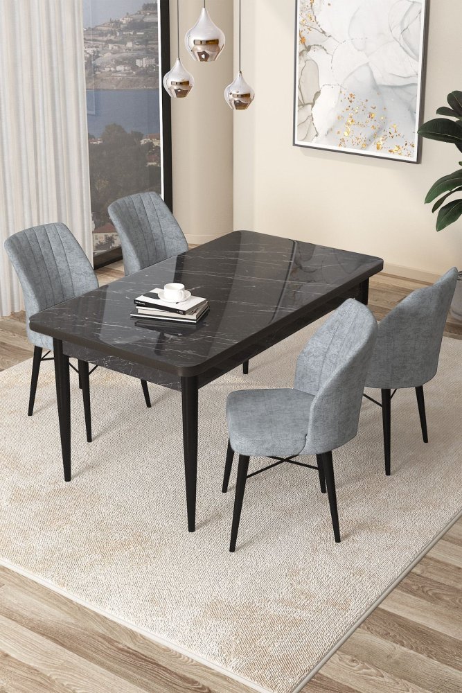 Dining Table & Chairs Set (5 Pieces) Arp - Black Marble, Grey