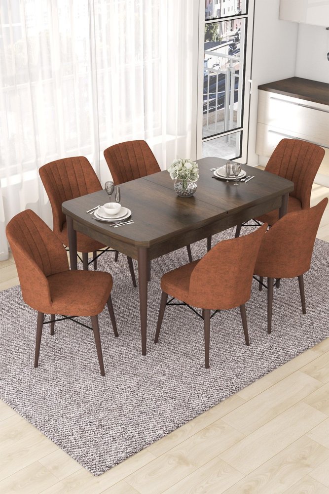 Extendable Dining Table & Chairs Set (7 Pieces) Nef - Baroque, Tile Red