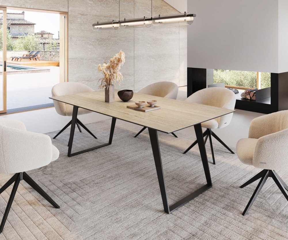 Jedálenský stôl Edge 200x100 keramický travertín prírodný kov skosený