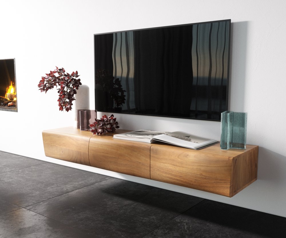 TV stolík Nový 145 cm prírodná akácia 3 dvierka na zavesenie