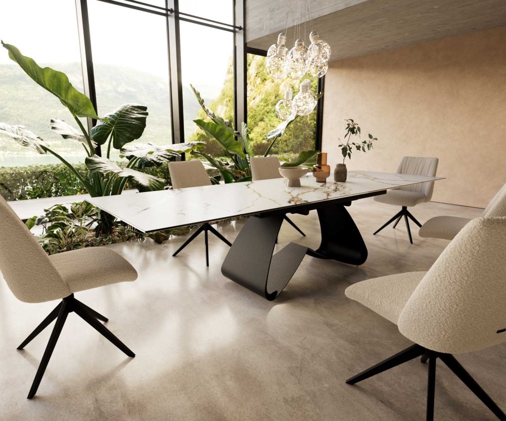 Jídelní stůl Edge 200-300x100 keramika Calacatta Luxe bílá