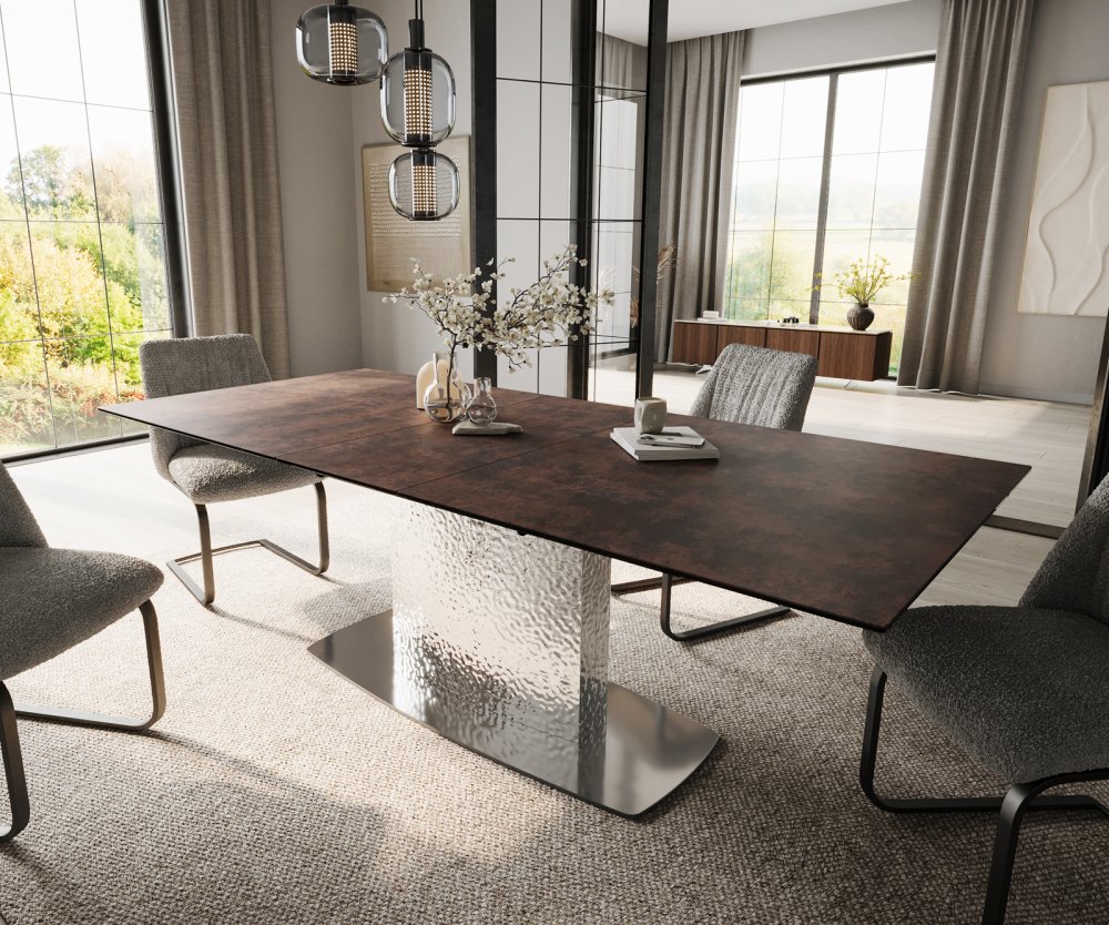 Jedálenský stôl Edge 180-220x90 sklo antická hnedá základňa Wave
