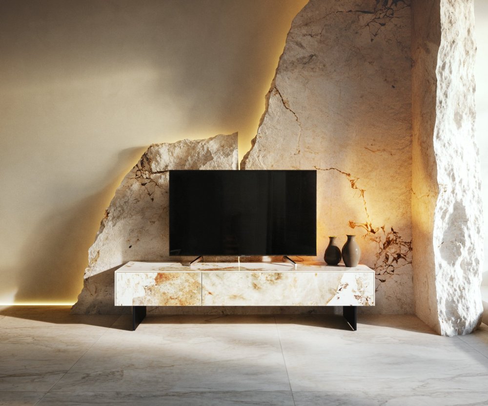 TV stolík Cuor 150 cm keramika Minas Melange bielo-béžová 1 výklopné