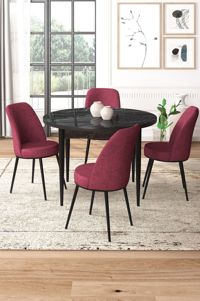 Dining Table & Chairs Set (5 Pieces) Tor - Black Marble, Burgundy
