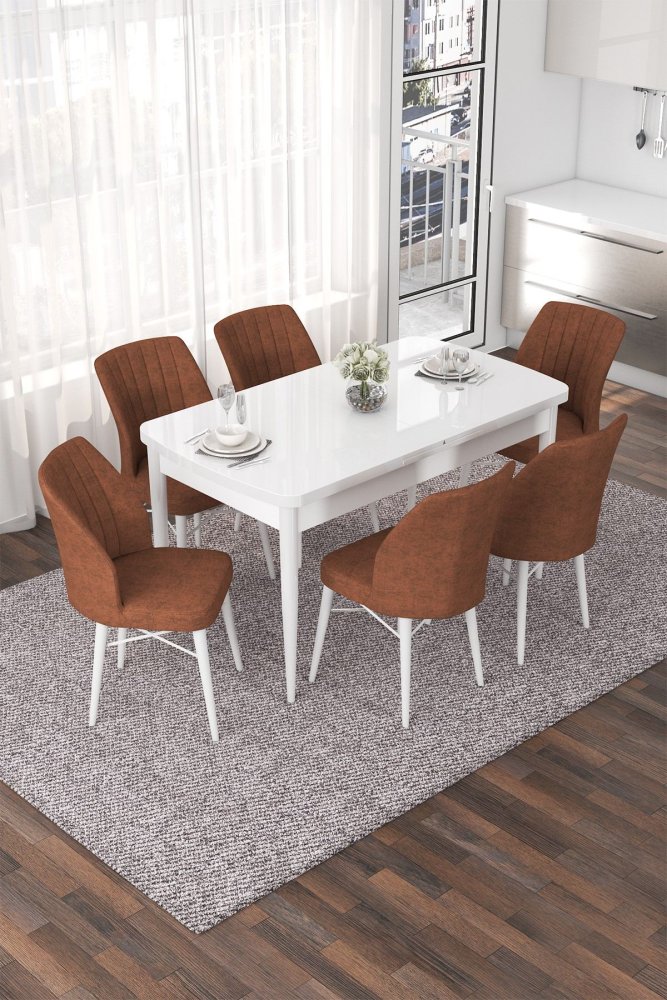 Extendable Dining Table & Chairs Set (7 Pieces) Nef - White, Tile Red