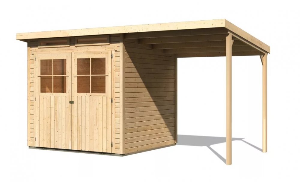 Dřevěný zahradní domek GLUCKSBURG 4 s přístřeškem 190 Lanitplast Přírodní dřevo