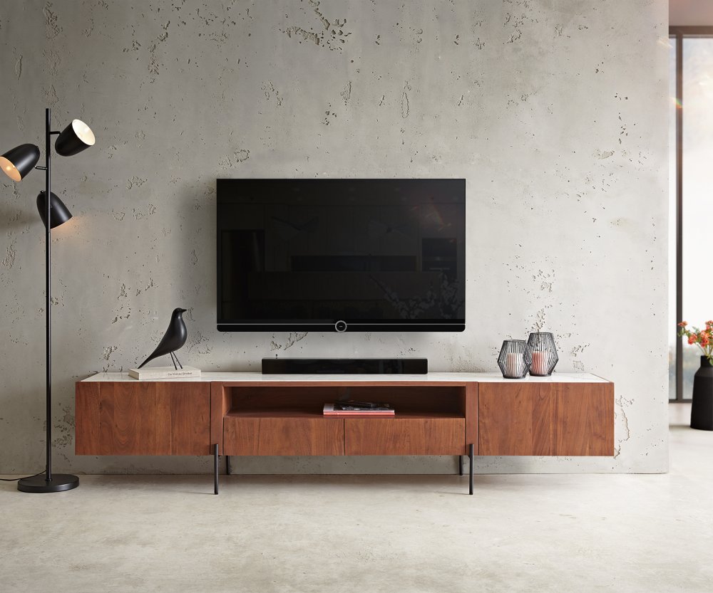 TV stolek Secara 220 cm akácie hnědá 2 dvířka 2 zásuvky