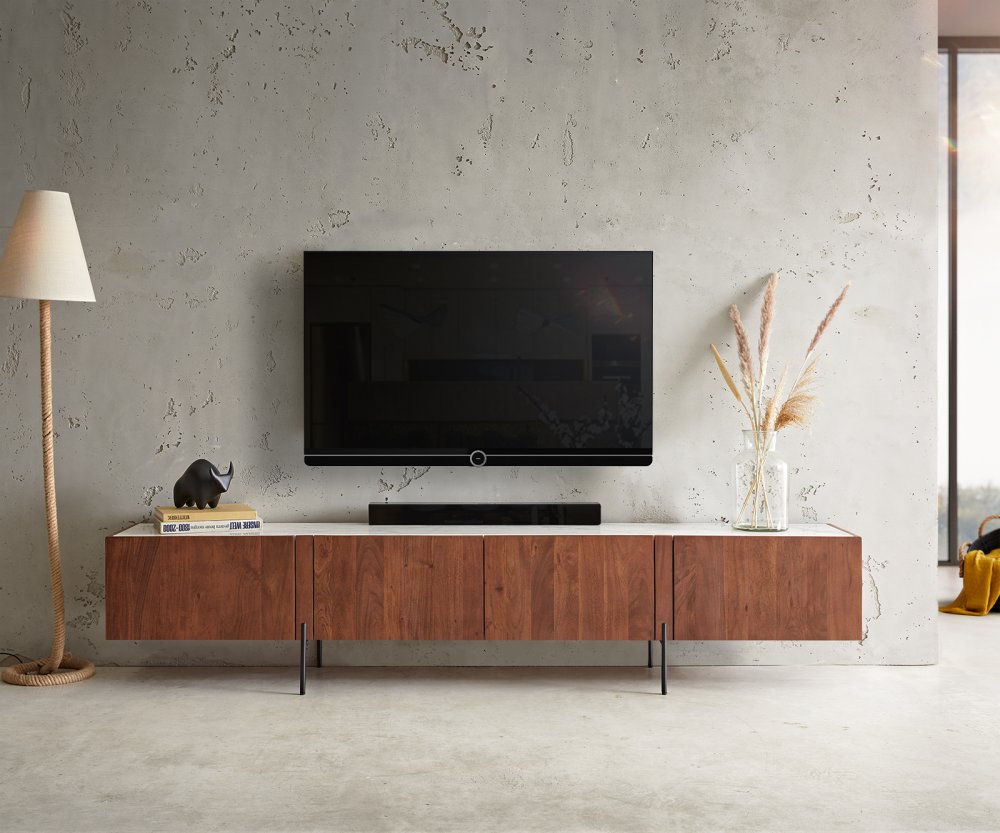 TV stolek Secara 220 cm akácie hnědá 4 dvířka mramorová podnož