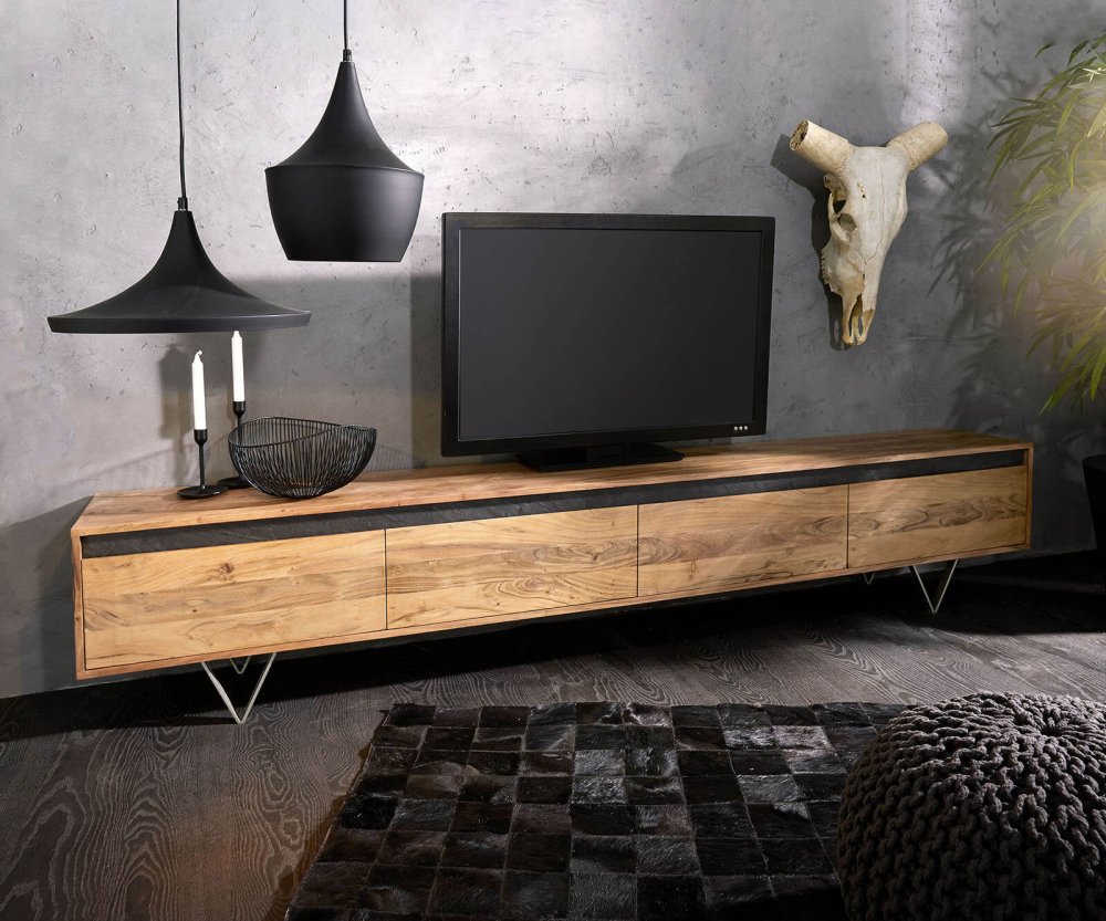 TV stolík Stonegrace 240 cm akáciová prírodná bridlica 4 dvierka