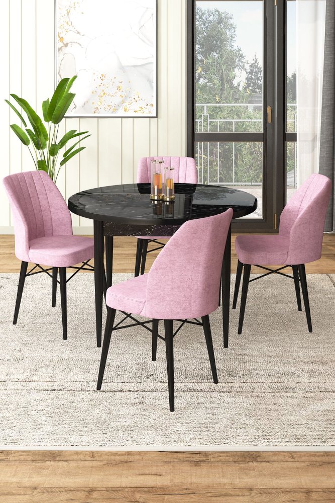 Dining Table & Chairs Set (5 Pieces) Rox - Black Marble, Pink