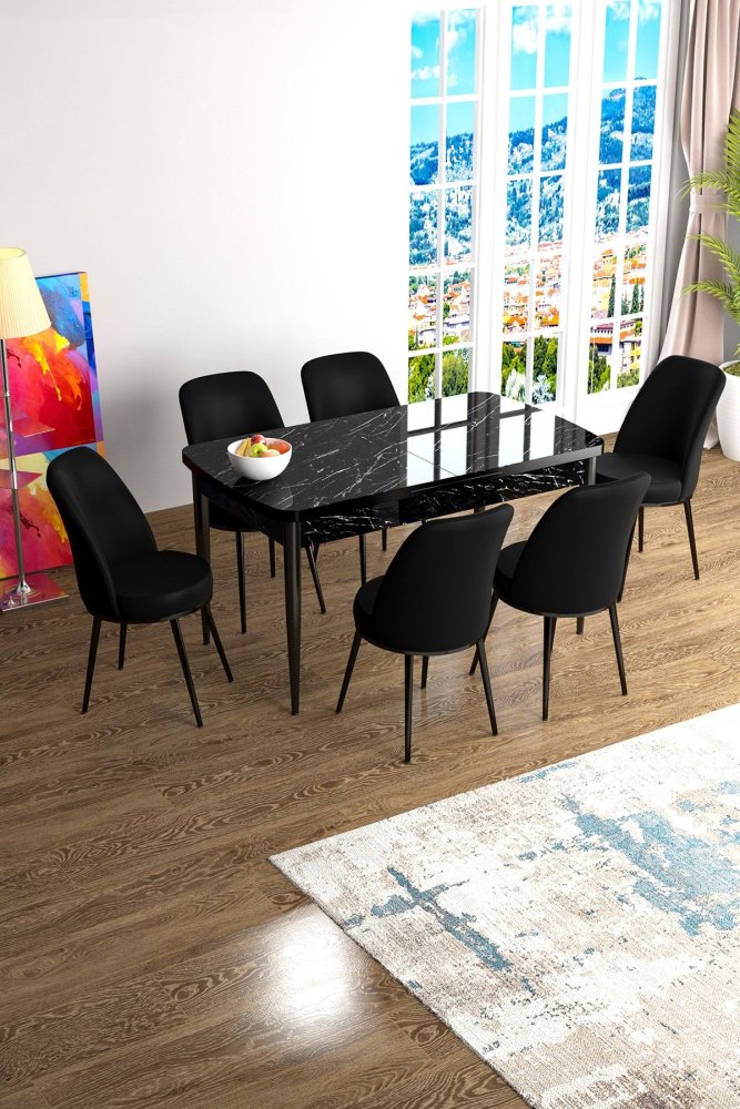 Extendable Dining Table & Chairs Set (7 Pieces) Han - Black Marble, Black