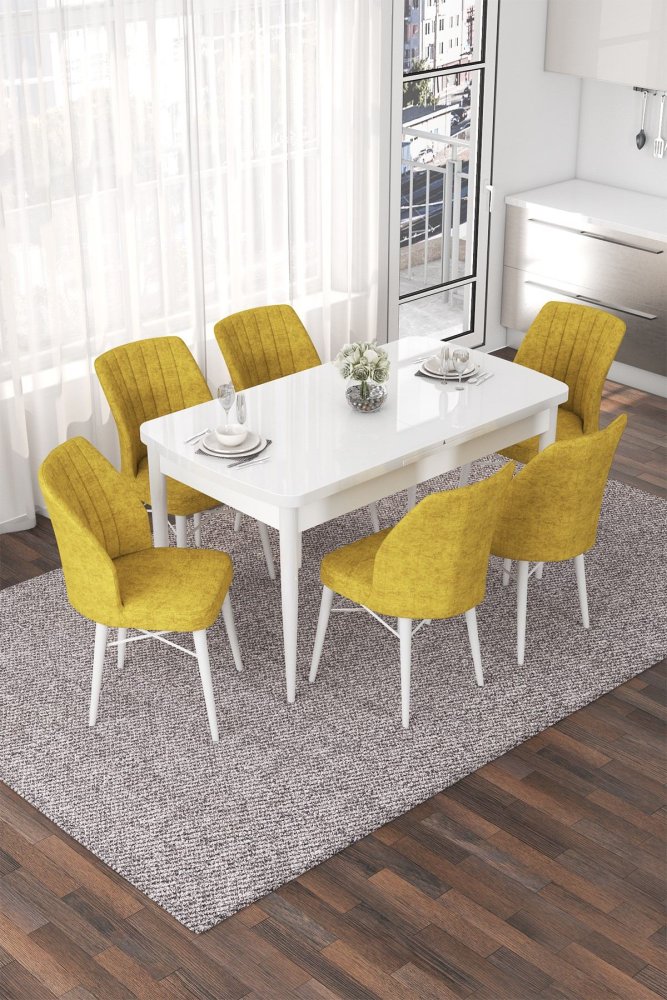Extendable Dining Table & Chairs Set (7 Pieces) Nef - White, Mustard