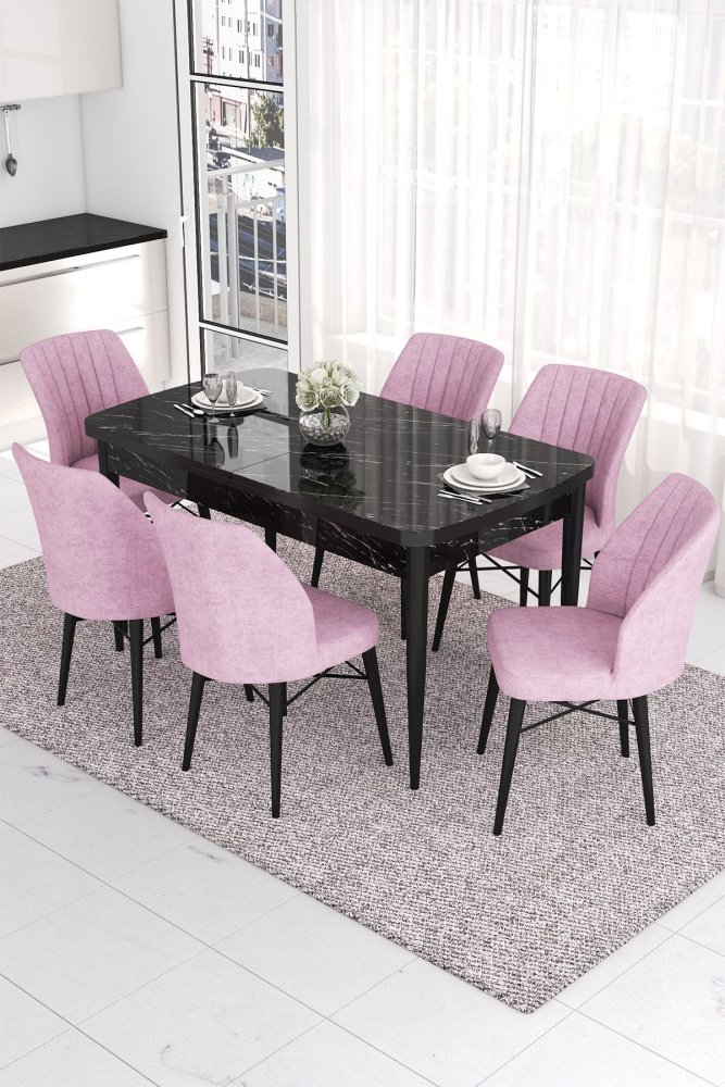 Extendable Dining Table & Chairs Set (7 Pieces) Eva - Black Marble, Pink