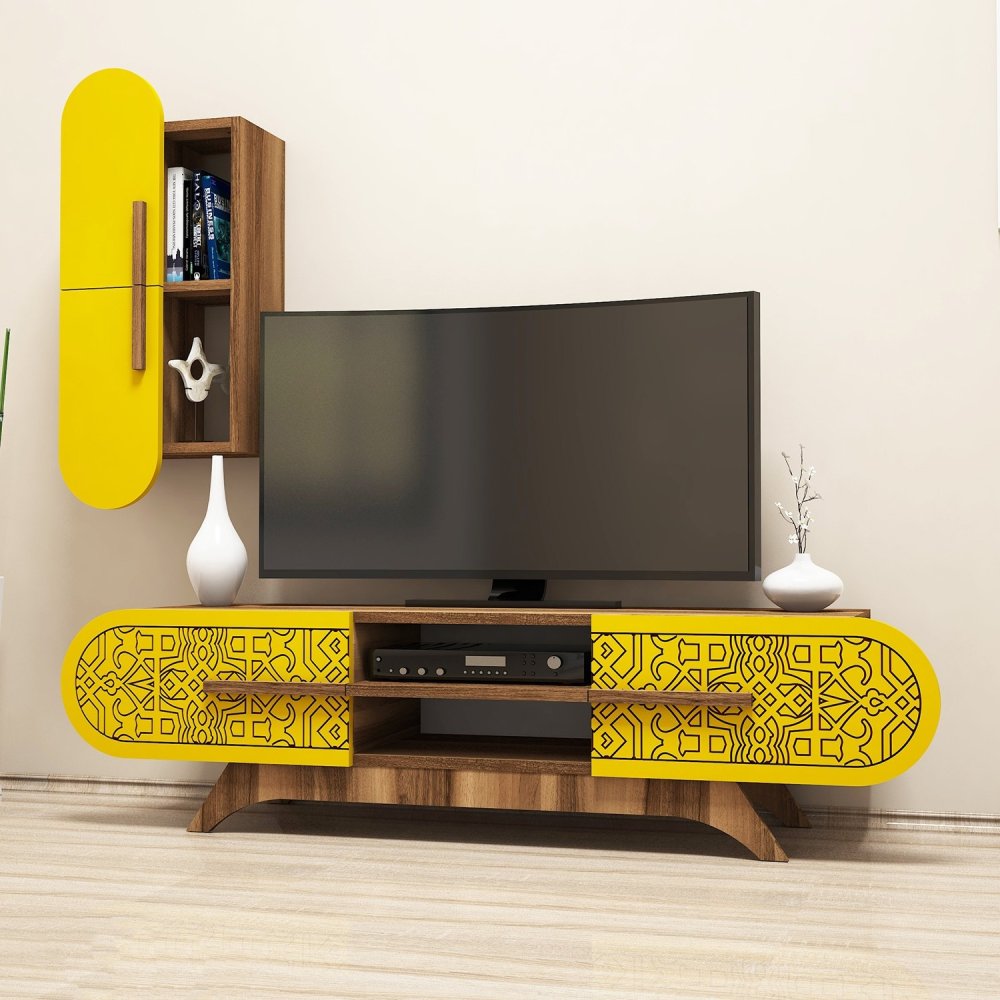 TV skrinka / Obývacia stena Defne - Walnut, Yellow