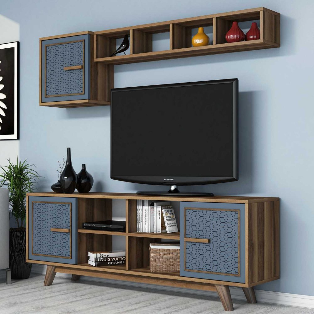 TV skrinka / Obývacia stena Ayla - Walnut, Blue