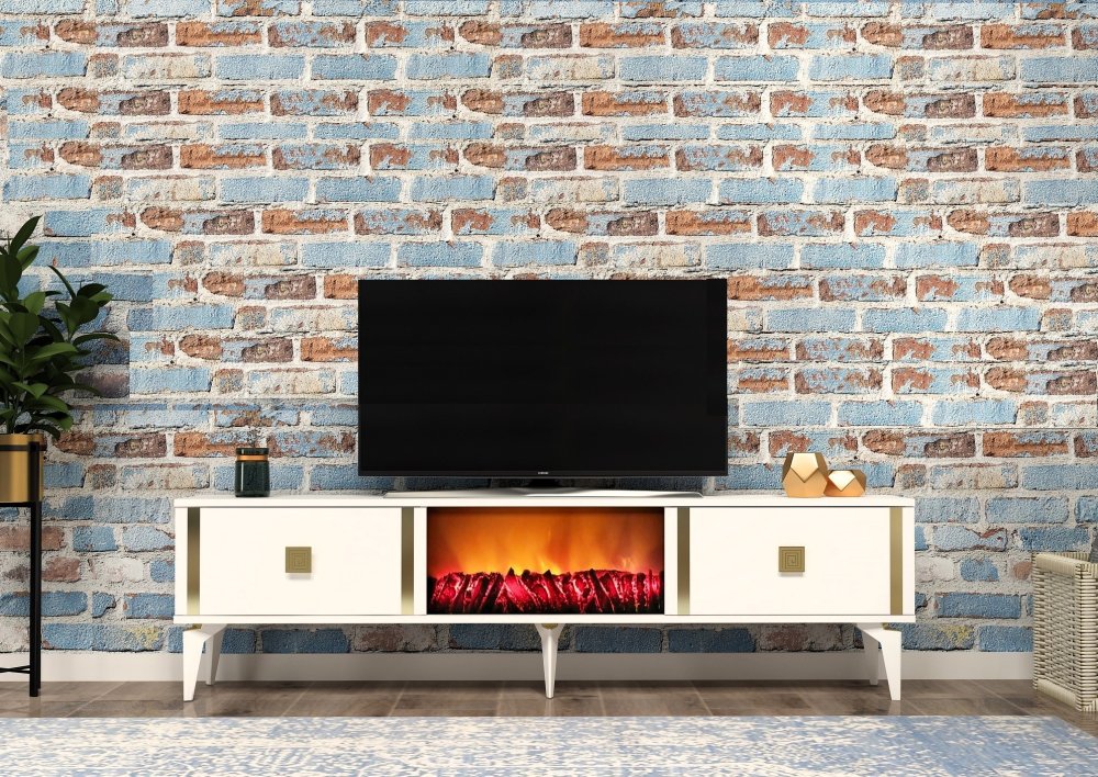 TV stolík Doruk Fireplace - White, Gold
