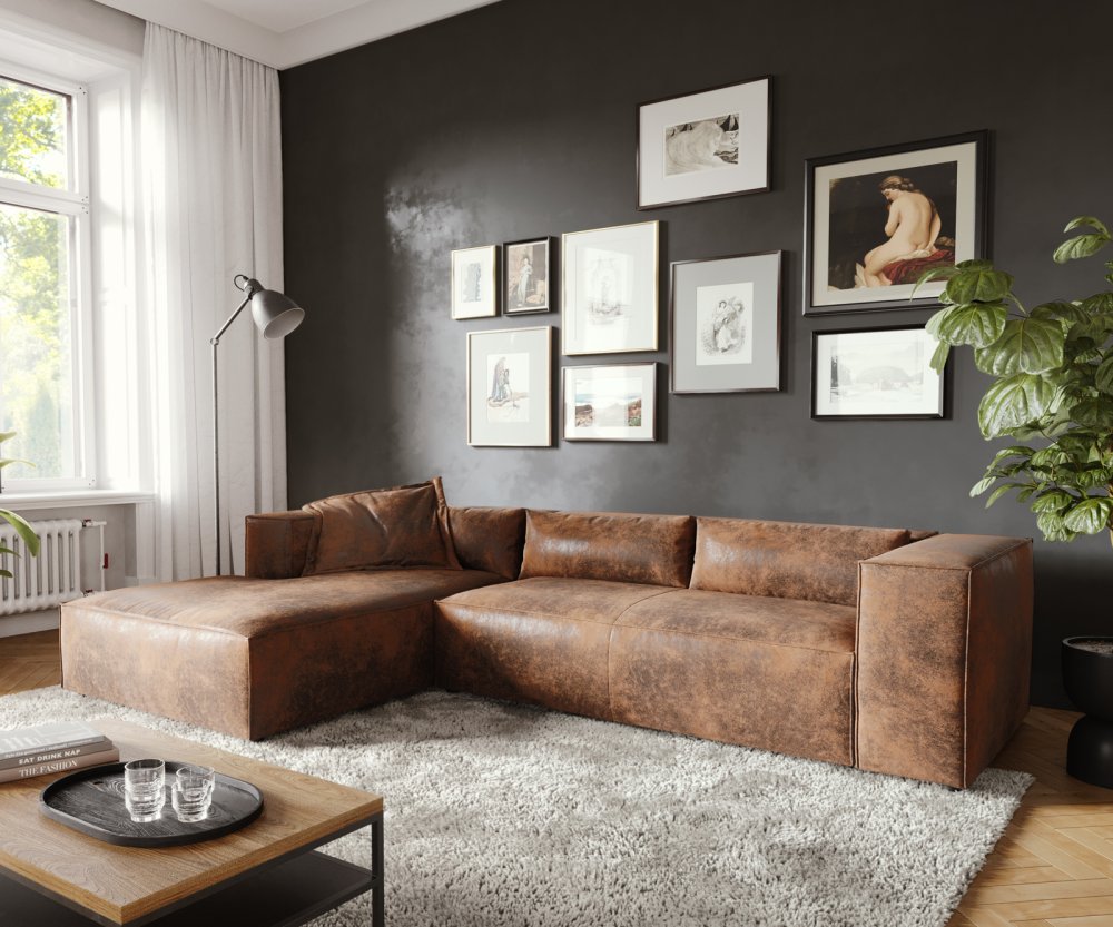 Rohová pohovka Brom 260x175 cm hnedá lenivá pohovka z umelej kože