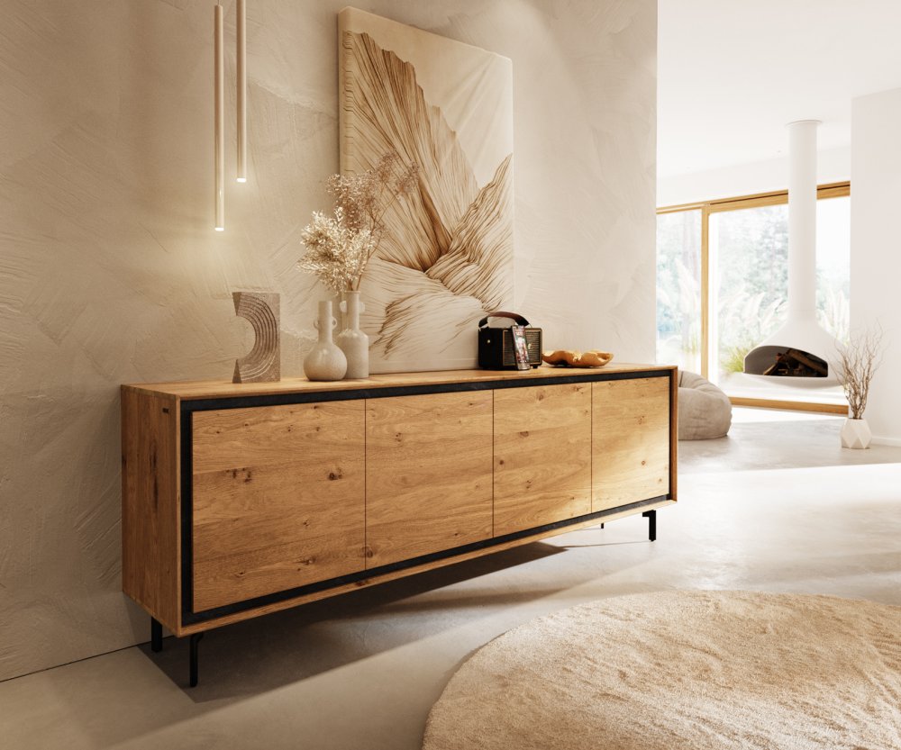 Stonegrace príborník 200 cm prírodný dub 4 dvierka podstavec oválny