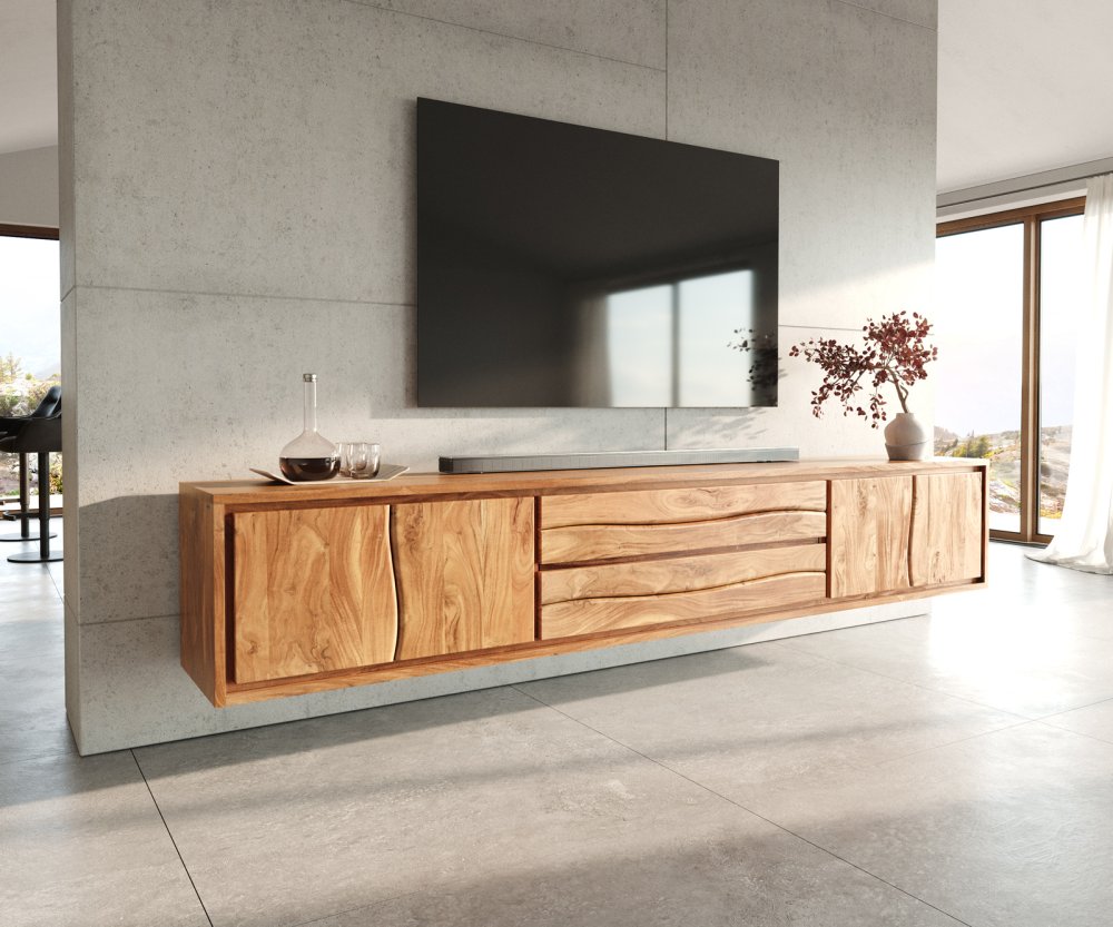 TV stolík Live-Edge 300 cm akácia prírodná 4 dvierka 2 zásuvky