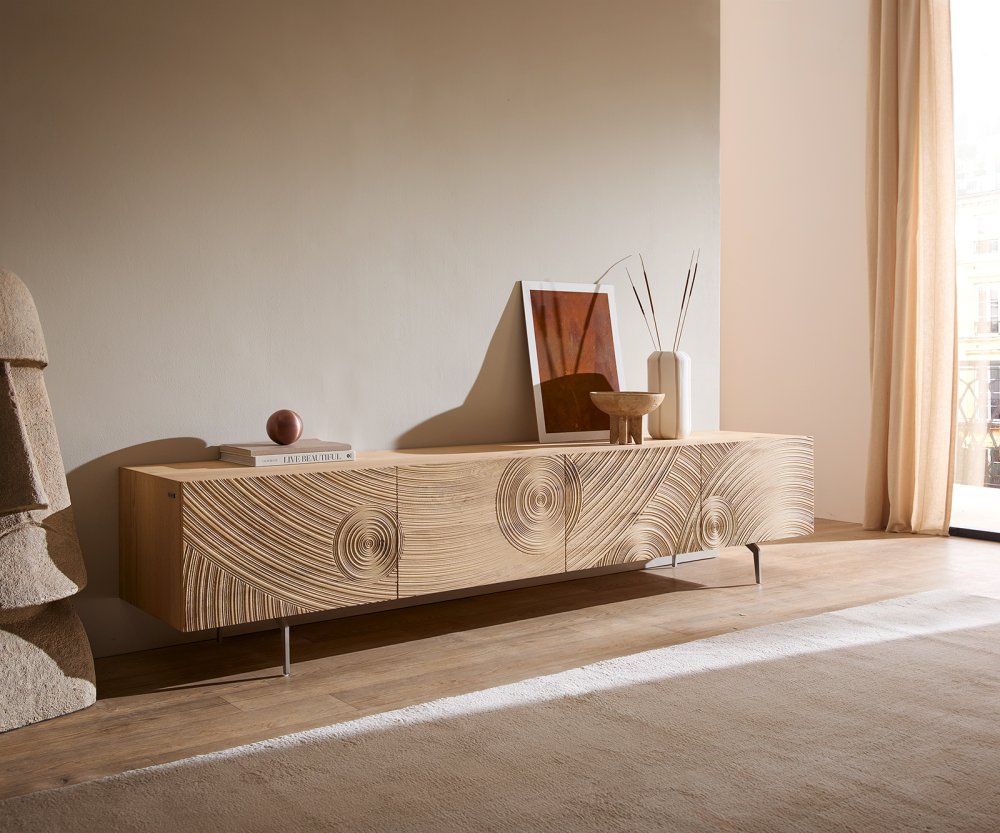 TV stolík Ashara 220 cm dub prírodná 3D efekt 4 dvierka podstava