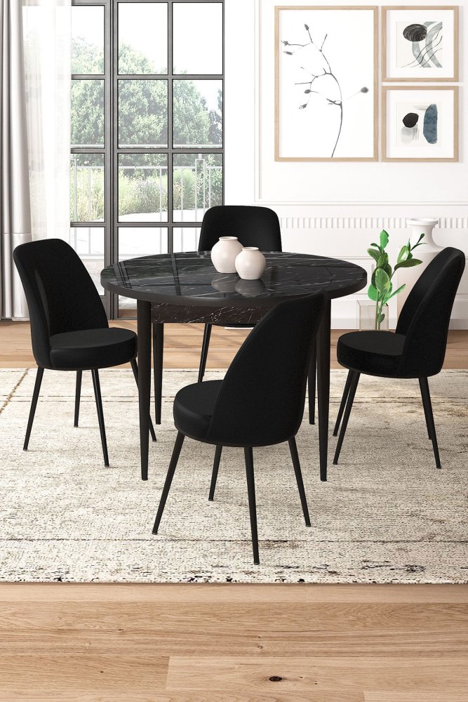 Dining Table & Chairs Set (5 Pieces) Tor - Black Marble, Black