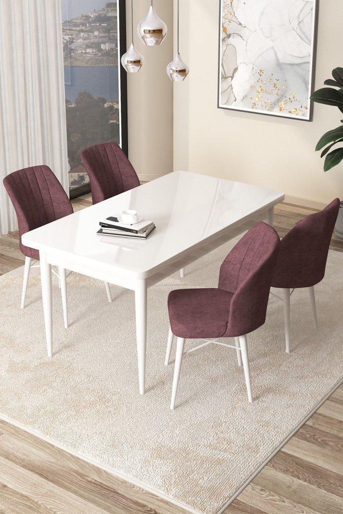 Dining Table & Chairs Set (5 Pieces) Arp - White, Dusty Rose