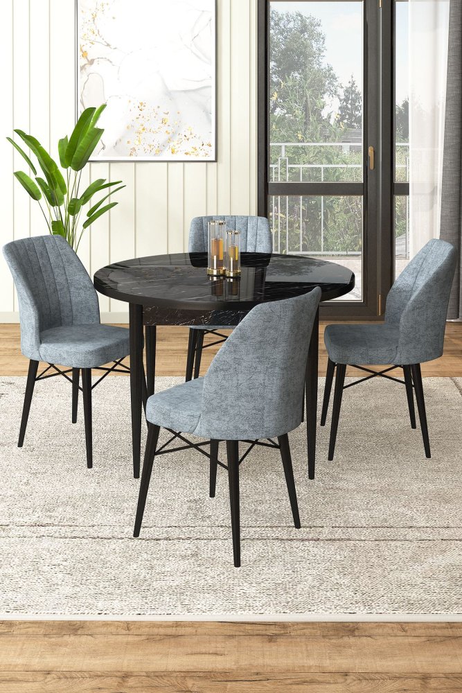 Dining Table & Chairs Set (5 Pieces) Rox - Black Marble, Grey