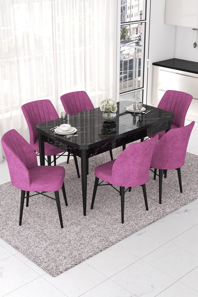 Extendable Dining Table & Chairs Set (7 Pieces) Nef - Black Marble, Purple