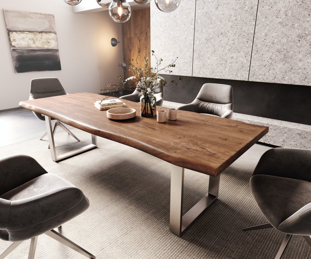 Jídelní stůl Edge 260x100 XL akácie hnědá nerezová ocel úzký Live-Edge