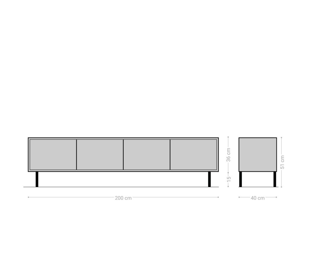 TV stolík Muvi 200 cm dub prírodný mango čierny kov čierny 4 dvierka