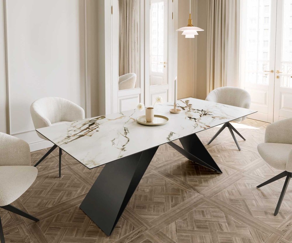 Jedálenský stôl Edge 180-220x100 keramický Calacatta Luxe bielo-zlatý