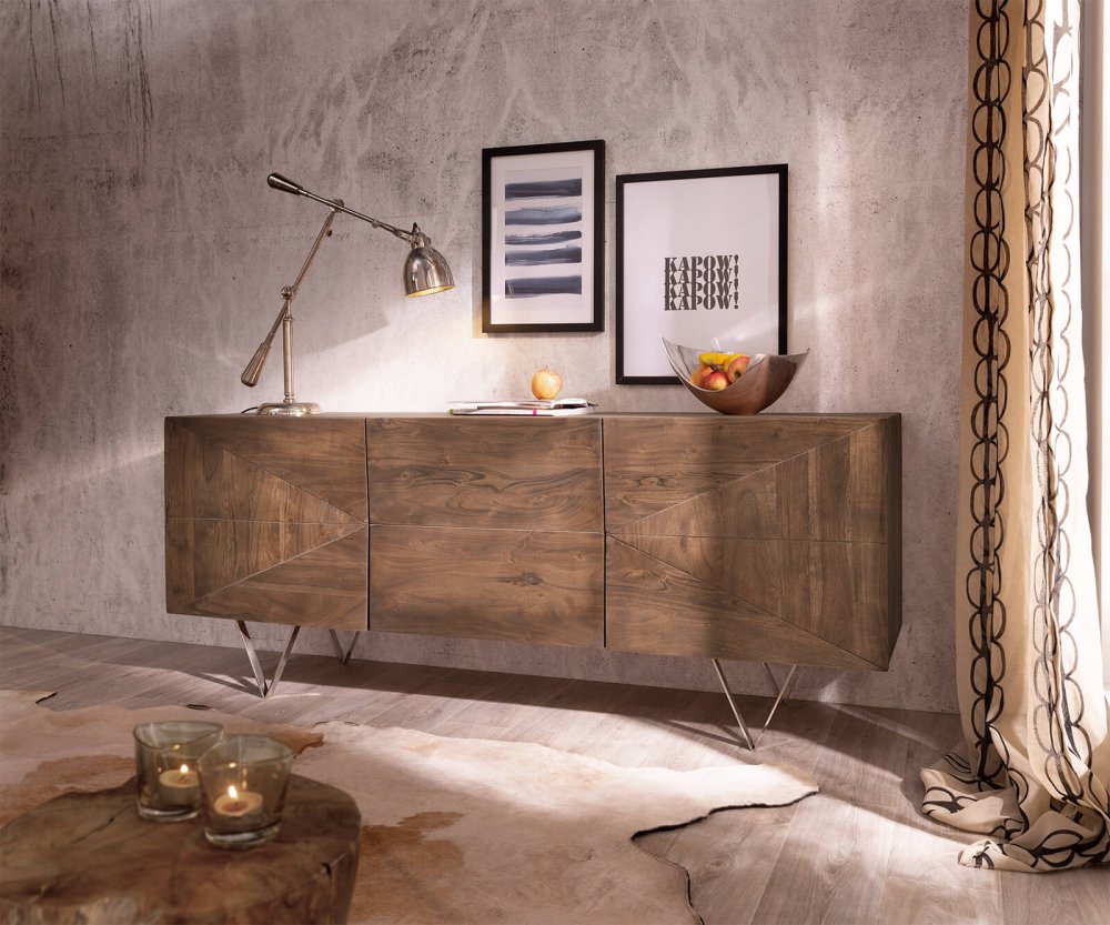 Komoda Wyatt 175 cm 3D design akácie hnědá nerezová ocel