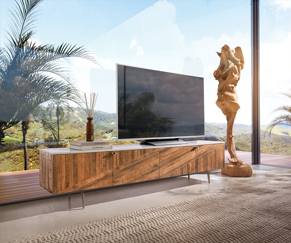 TV stolík Bahan 200 cm mango teak 4 dvierka mramor biely