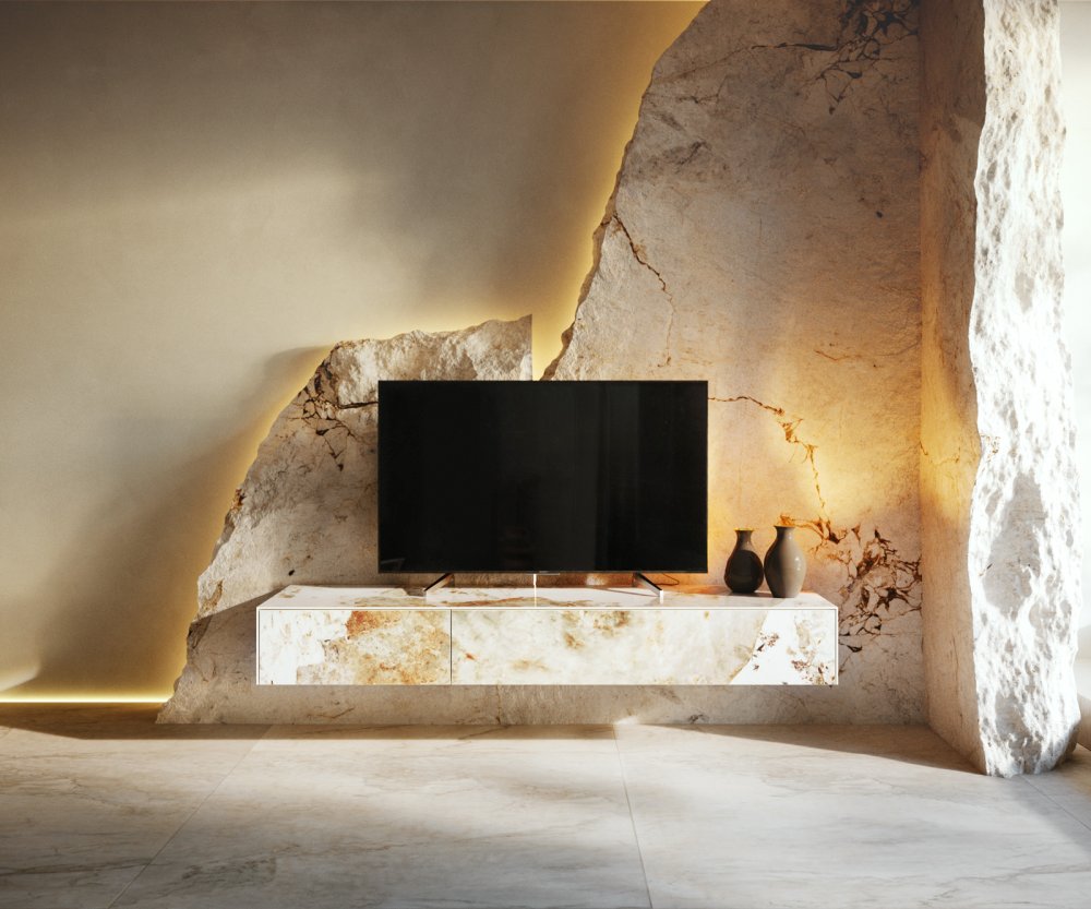 TV stolík Cuor 150 cm keramika Minas Melange bielo-béžová 1 výklopné