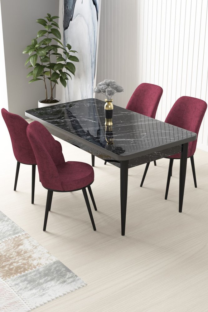 Dining Table & Chairs Set (5 Pieces) Nil - Black Marble, Burgundy
