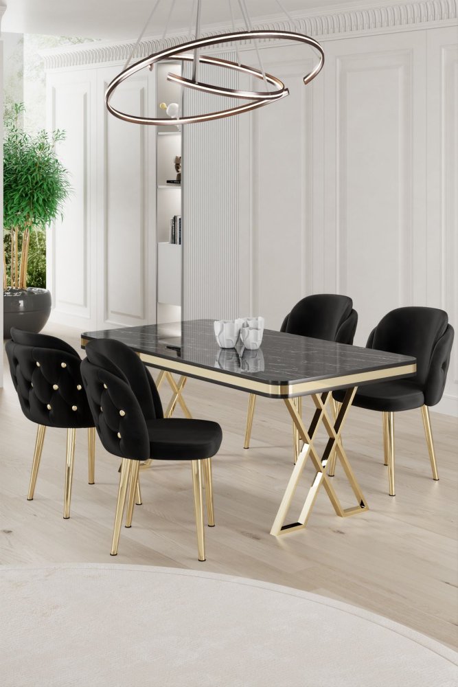 Dining Table & Chairs Set (5 Pieces) Rigel - Black Marble, Gold, Black