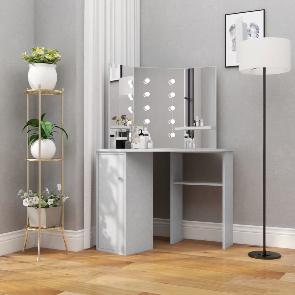 E-shop Rohový toaletný stolík s LED Dekorhome Svetlosivá