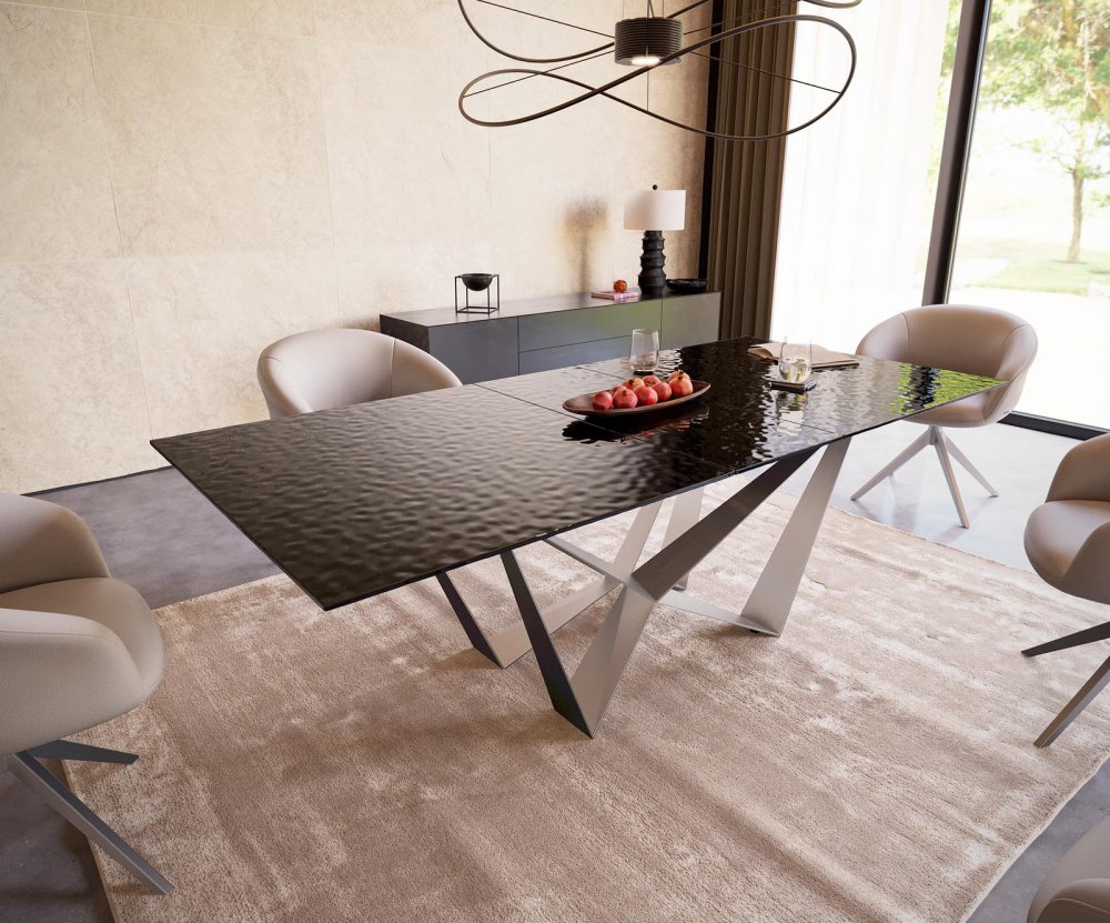 Jedálenský stôl Edge 180-220x100 reliéfne sklo dymovo čierne 3D dizajn