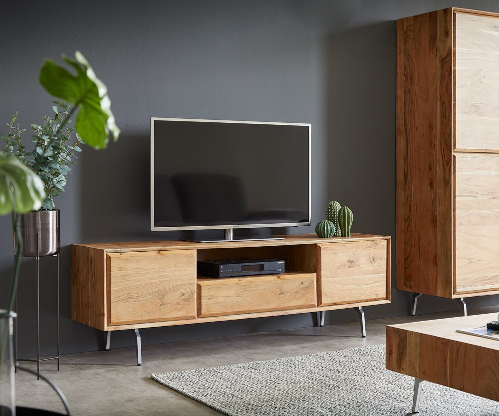 TV stolík Shari 160 cm akácia prírodná 2 dvierka 1 zásuvka 1 polica