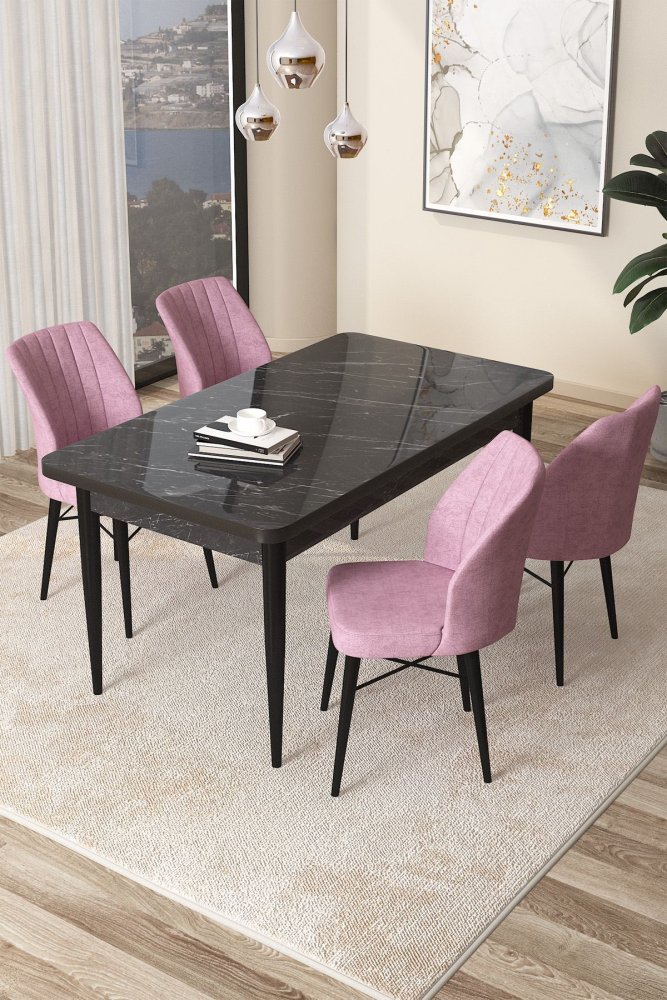 Dining Table & Chairs Set (5 Pieces) Arp - Black Marble, Pink