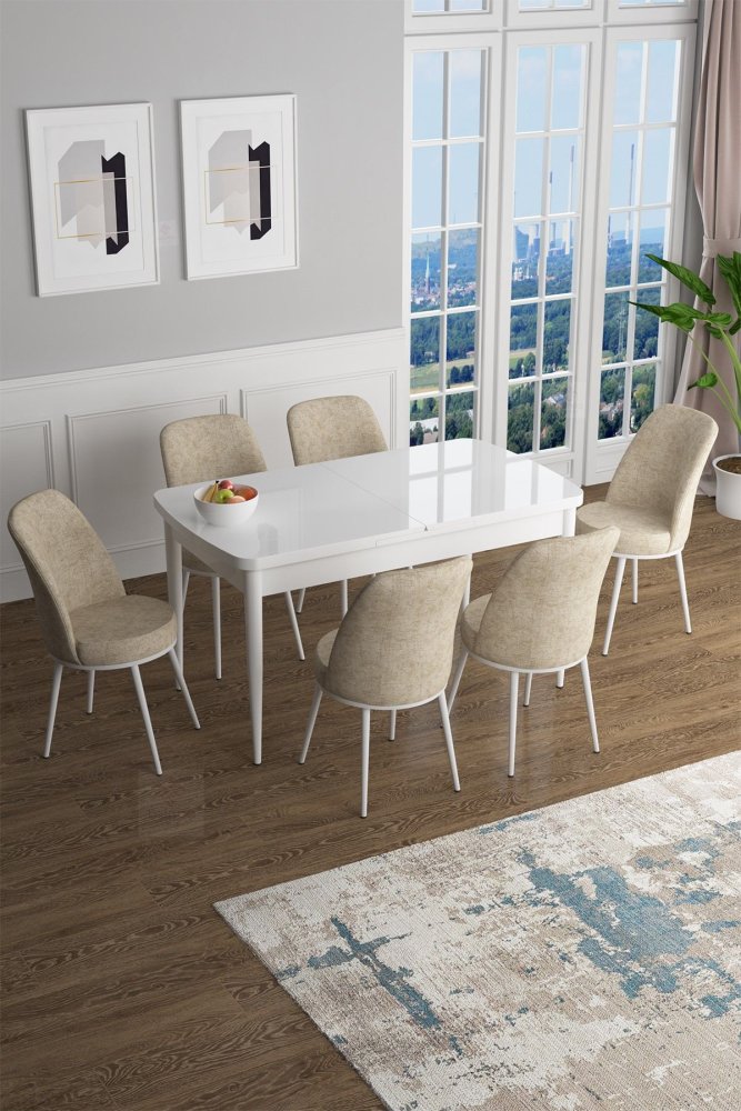 Extendable Dining Table & Chairs Set (7 Pieces) Han - White, Cream