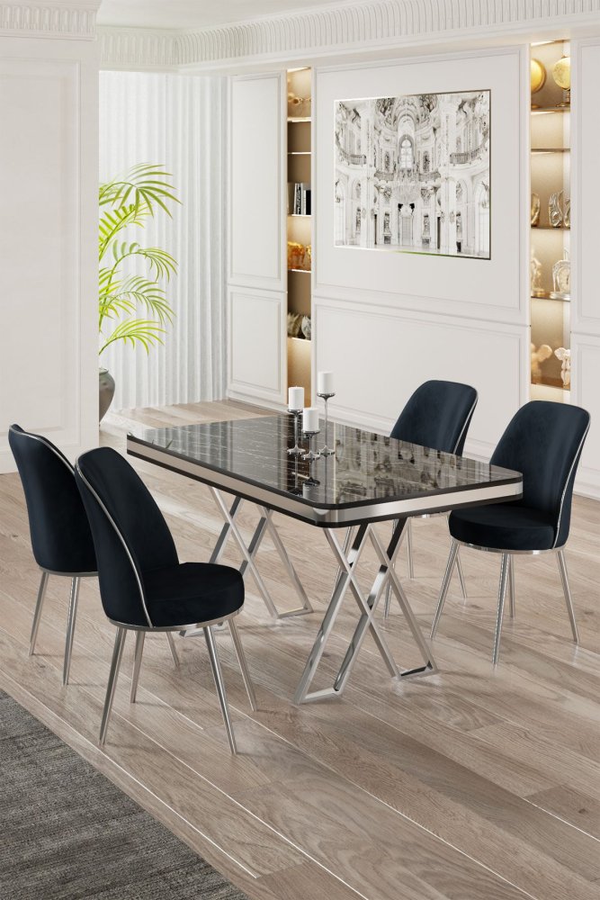 Dining Table & Chairs Set (5 Pieces) Vals - Black Marble, Chrome, Anthracite