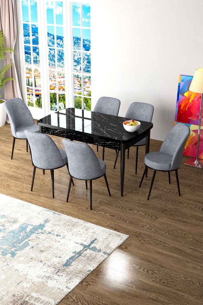 Extendable Dining Table & Chairs Set (7 Pieces) Zen - Black Marble, Grey
