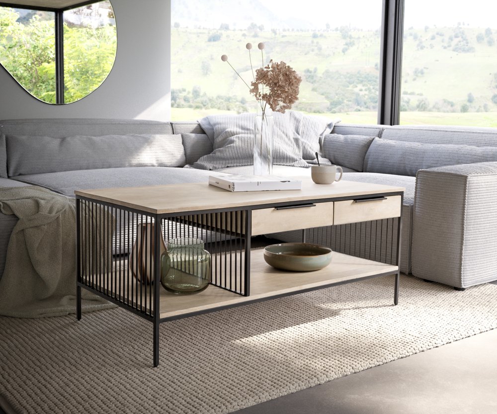 Konferenčný stolík Libina 120x60 cm mango biela 2 zásuvky čierny kov