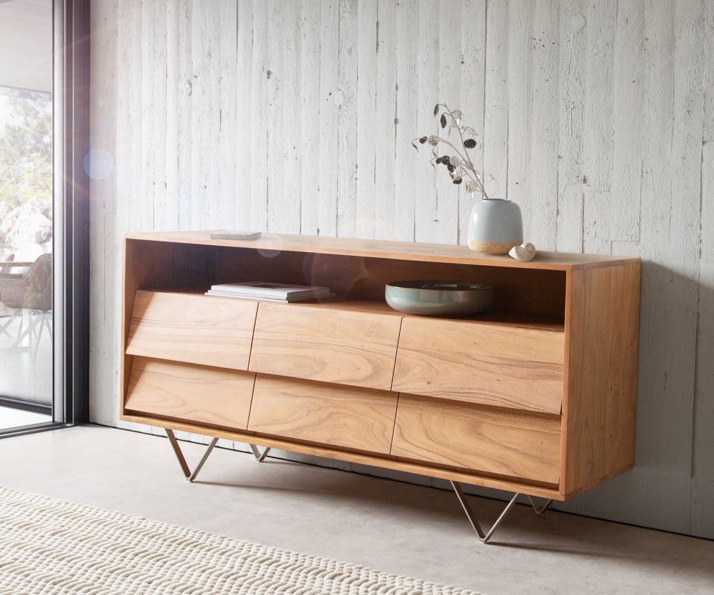 Komoda Eloi 145x40 cm prírodná akácia 6 zásuviek podstavec v tvare